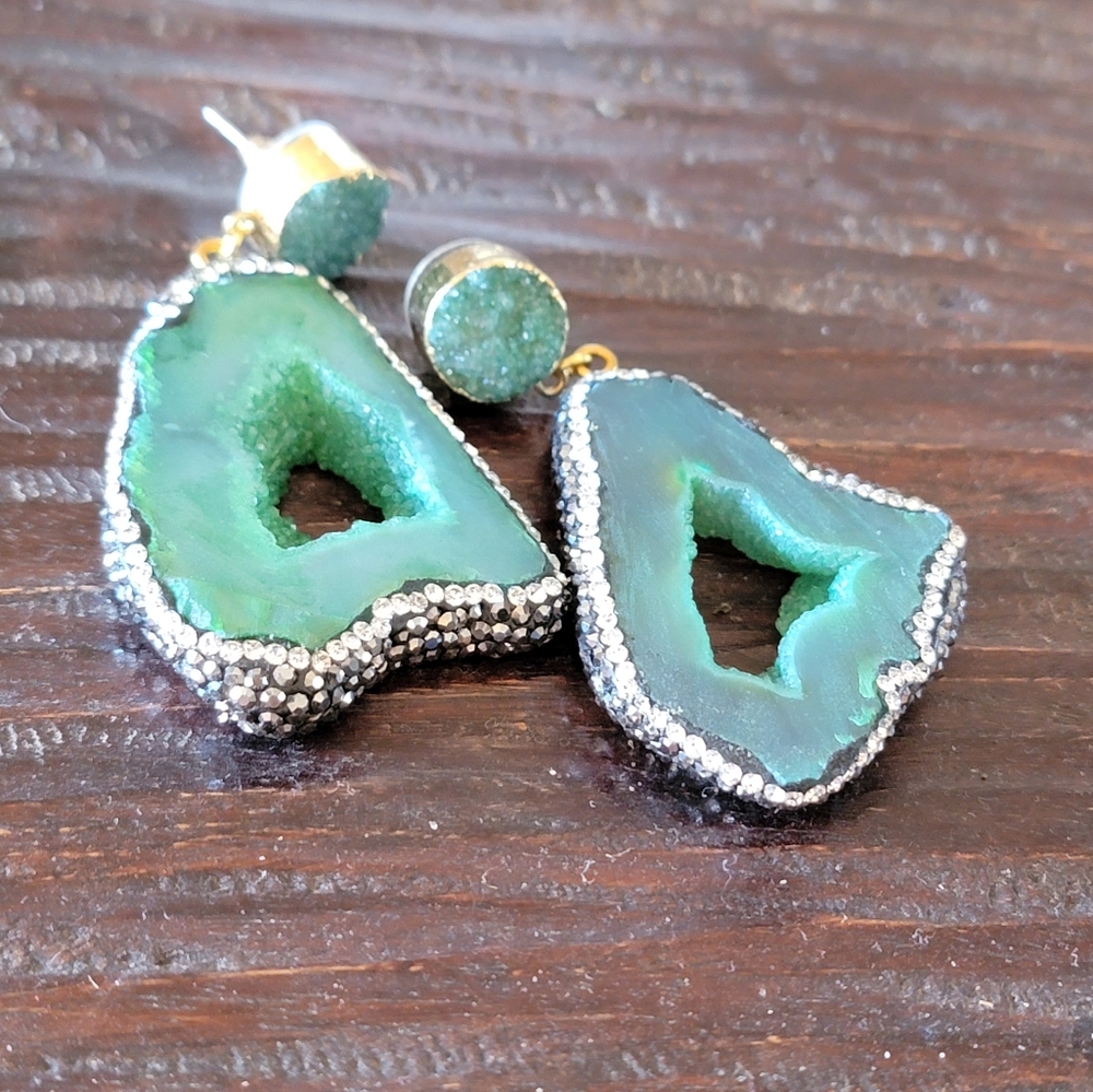 Earrings,  jade with jeweled edges